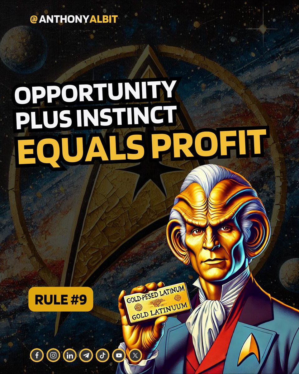 AnthonyAlbit's tweet image. In business, it’s not just about spotting opportunities — it’s about trusting your instincts to turn them into success.

Rule of Acquisition #9

Opportunity plus instinct equals profit 💡📈

#rulesofacquisition #rule9 #startrek #ferengi #businesswisdom #opportunities #profit
.