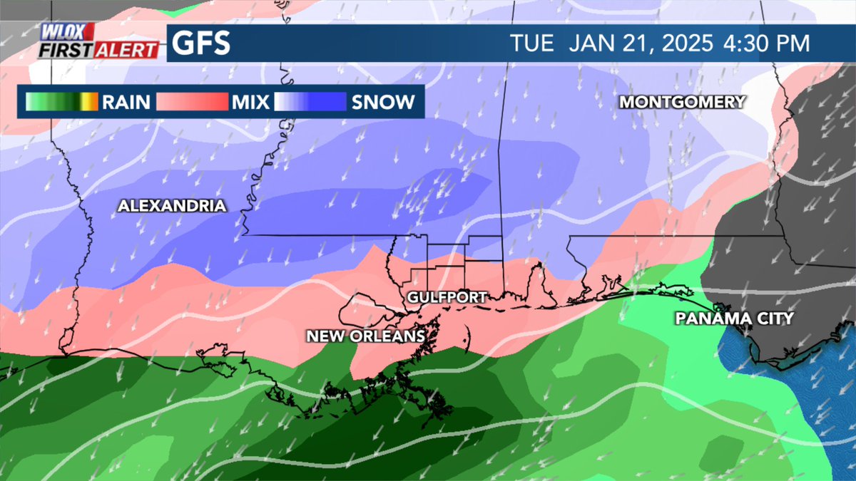 Trend with the GFS today has been for a mix of freezing rain, sleet, and snow along and south of I-10.  Main takeaway is that winter weather disruptive to travel is increasingly likely Tuesday. #mswx <a href="/WLOX/">WLOX</a>