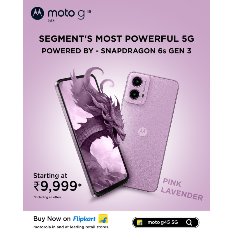 motorolaindia's tweet photo. Stand out with the bold Pink Lavender colour of the #MotoG45 5G!
Segment's 5G speed, stunning 120Hz refresh rate & a pink lavender premium vegan leather finish with.⚡📱
Buy Now @Flipkart, https://t.co/azcEfy2uaW & leading retail stores. Starting at ₹9,999*/-
#FastNWow #Motorola