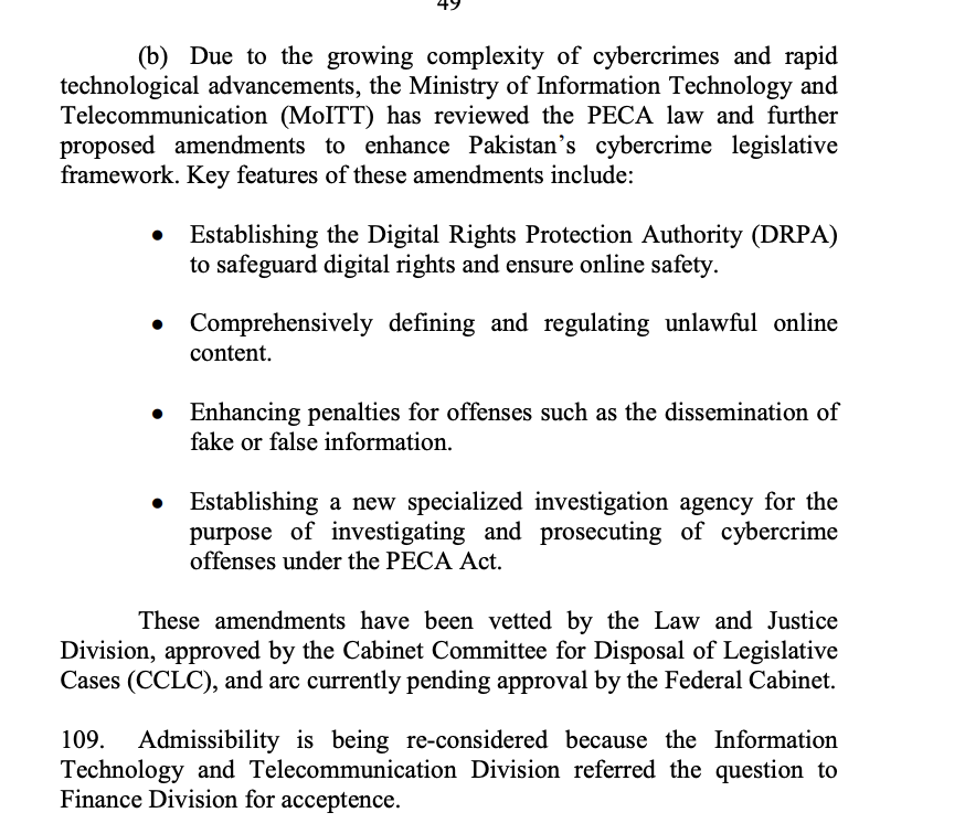 On Jan 17, the Minister of State for IT told the National Assembly that proposed amendments to PECA, including a Digital Rights Protection Authority, enhanced penalties, and a specialized investigation agency, are pending Cabinet approval.