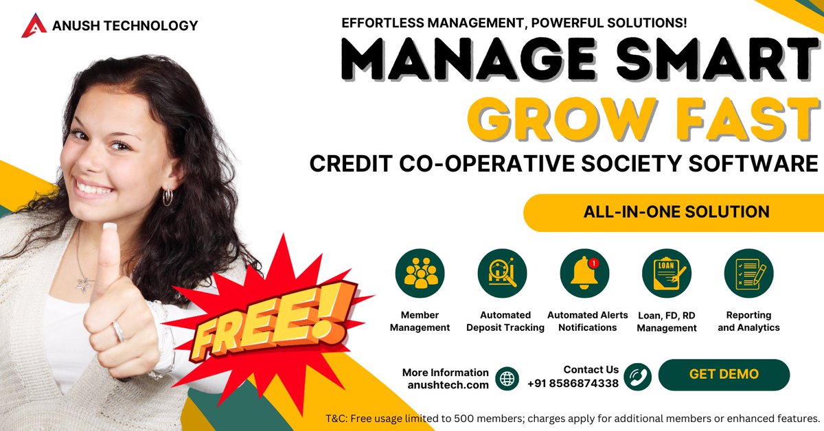 SEOexpertMitesh's tweet image. Manage Smart, Grow Fast! 🚀 Transform your Credit Co-Operative Society with our all-in-one software. 💥 FREE for 500 members! 📞 +91 8586874338 🌐 anushtech.com #CreditCooperative #FinanceTech #GrowFast