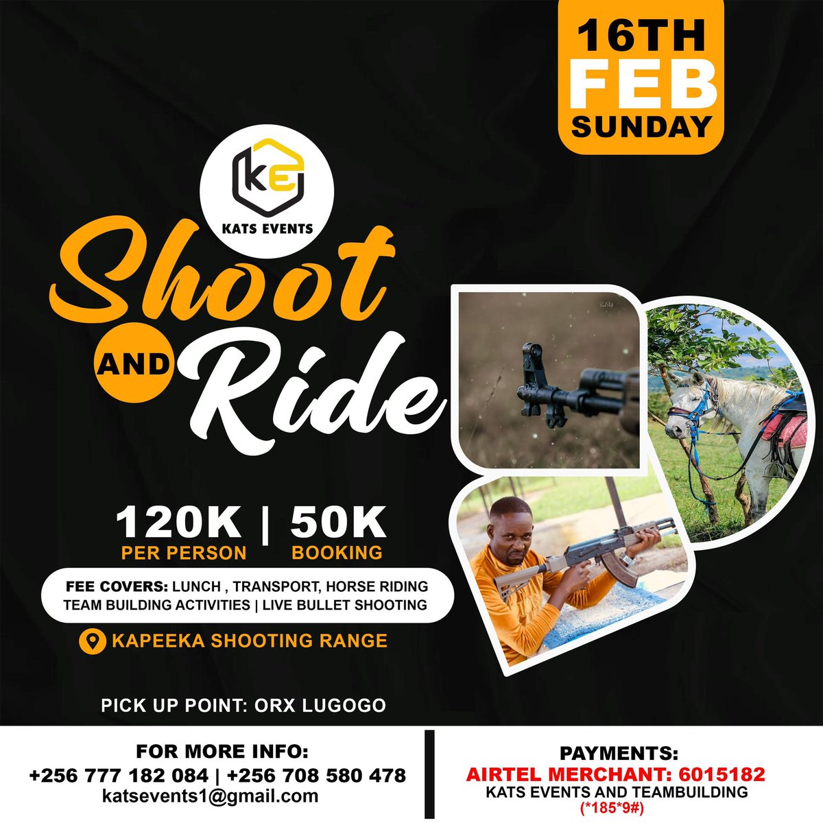katsevents2's tweet photo. 16th Feb we are heading to Kapeeka 
#RealGuns 
#RealBullets 
#HorseRiding https://t.co/dxa9KaKhLV