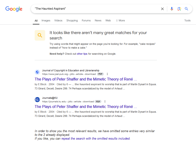 warrbo's tweet photo. HAHAHAH the irony that #chatgpt named this archetype as a phrase "the haunted aspirant" that seems to #googlebomb to a Copyright and Education journal hahaha in a footnote about Equus -hahaha
Block, E. (2004) The Plays of Peter Shaffer
and the Mimetic Theory of René Girard https://t.co/uq7sMoCahZ