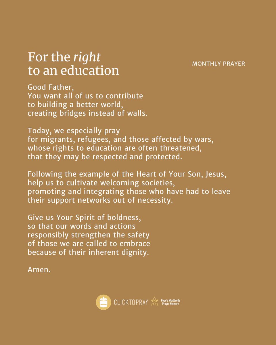 clicktopray_en's tweet photo. 🌍The Pope's Worldwide Prayer Network invites you to offer up your day and make you more available to the mission of compassion for the world.
In #ClickToPray we invite you to pray and share the #prayer of this month.
🔗https://t.co/fWM5qGhG38
#PopesPrayerApp #DeepenYourPrayer https://t.co/JMrn6Rx7FR