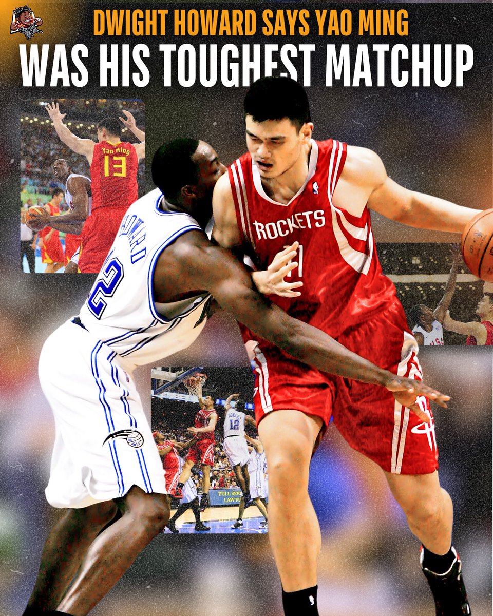 DwightHoward's tweet photo. Yao Ming 🤣 I dogged him in the Olympics but in the NBA that was a tough matchup for sure #askdwight https://t.co/2BW5SvmWB9