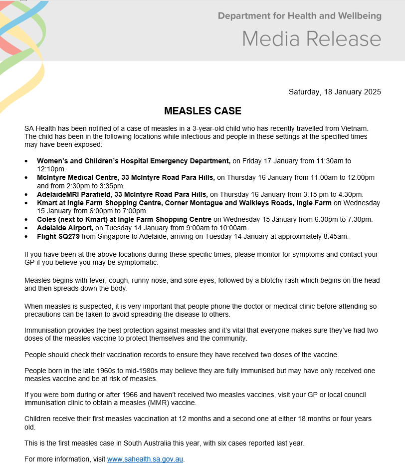 UPDATED HEALTH ALERT: Measles case