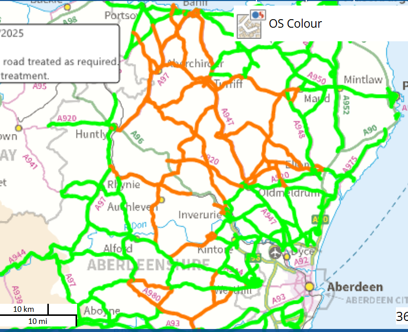 AbshireRoads's tweet photo. 🚨🌨️ Heads up! 🌡️ Pockets of low RSTs = risk of hoar frost this morning, especially in #BanffAndBuchan, #Lumphanan & #Fyvie areas. ❄️ We're treating priority routes, but please drive with care on ALL routes. 🚗💨 #WinterDriving #GrittingInAction https://t.co/bE6REdlYXE