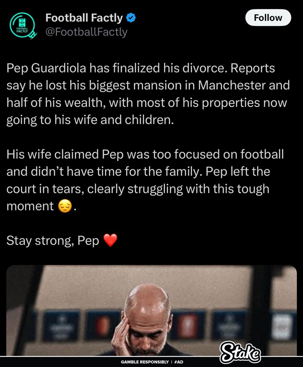 TwoTerty1_'s tweet photo. Pep Guardiola finalised his divorce and lost his biggest mansion and half of his wealth. 

Twitter users, men and Football world  reacted angrily to this. 😓💔 Thoughts?

Open thread 😭 https://t.co/qsHuxIrGty