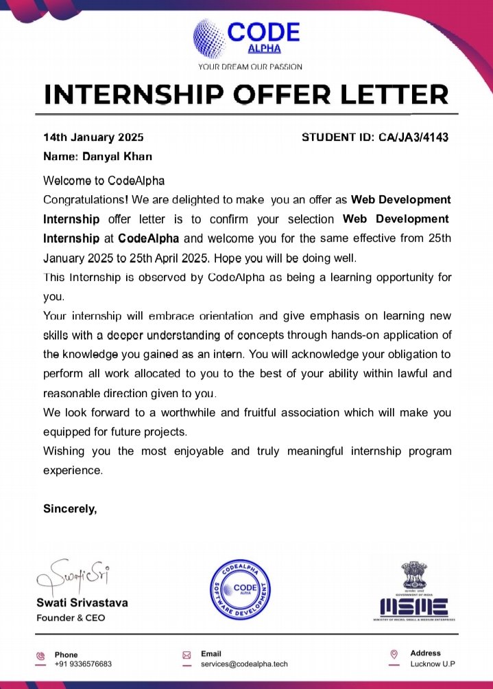 codewithdanyal's tweet image. 🎉 Excited to share that I've been selected as a Web Development Intern at @CodeAlpha_CA! 🚀
Looking forward to enhancing my skills, working on exciting projects, and making the most of this amazing opportunity from Jan 25 to Apr 25, 2025. 💻✨
 #InternshipJourney #CodeAlpha