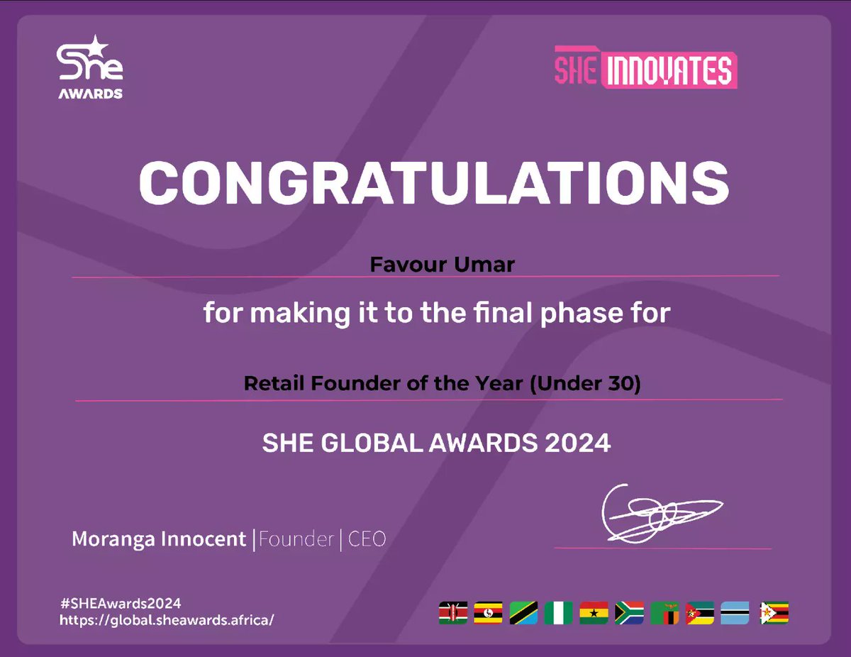 favour_umar's tweet image. How would I made it to top10 across African Countries and earning the SheAwards Certificate if it wasn't for God and your votes?
This achievement is for you and thank you so much my voters. 
SHE Awards, thank you for honouring me.