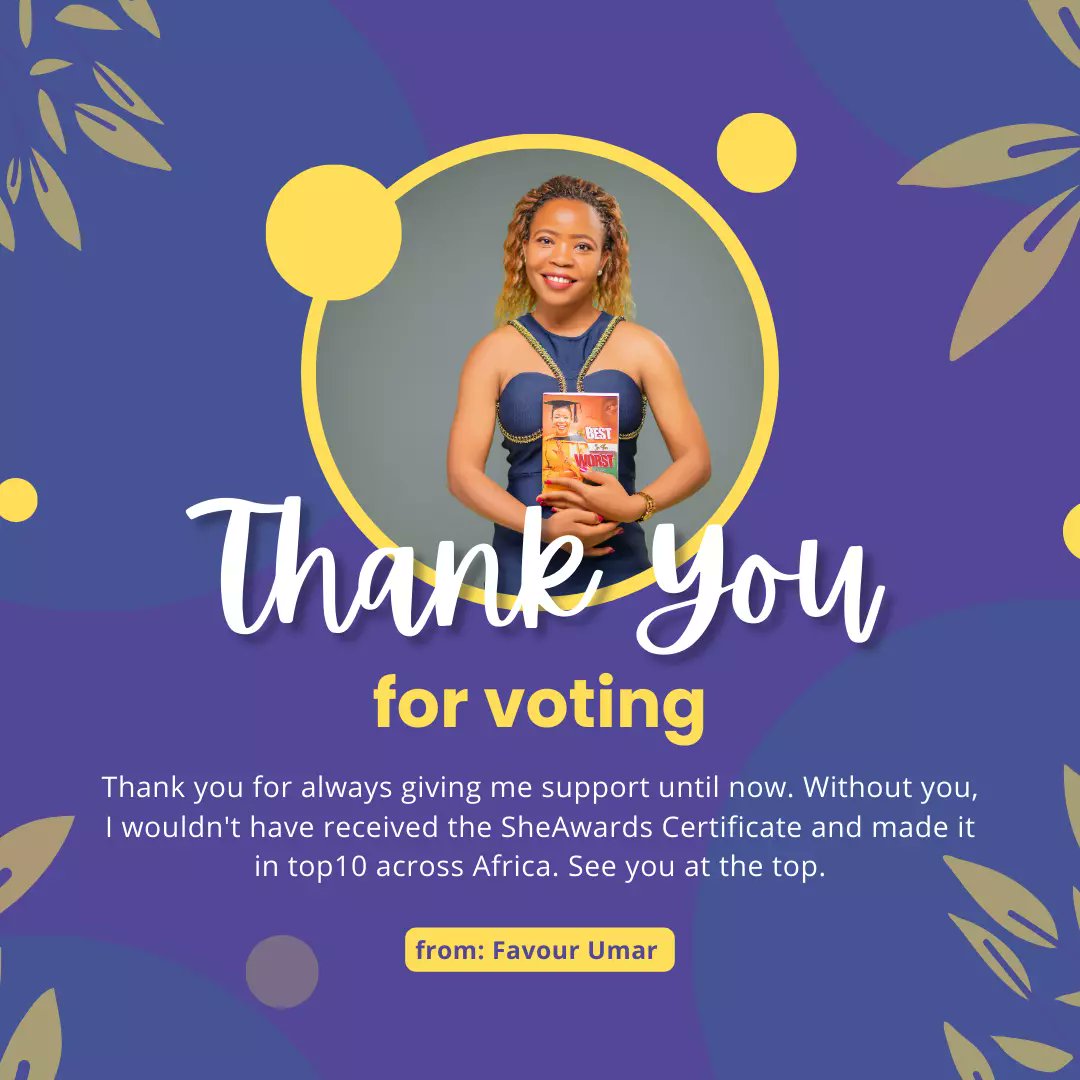 favour_umar's tweet image. How would I made it to top10 across African Countries and earning the SheAwards Certificate if it wasn't for God and your votes?
This achievement is for you and thank you so much my voters. 
SHE Awards, thank you for honouring me.