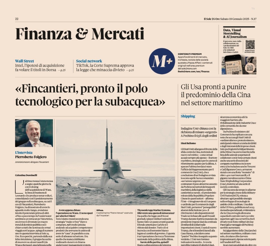Un #polo tecnologico sulla #subacquea. Le opportunità sul #mercato #Usa con la nuova #amministrazione #Trump. E ancora, il dossier #Tkms e gli obiettivi sul #cruise. Oggi sul <a href="/sole24ore/">IlSole24ORE</a> l'intervista dell'ad di <a href="/Fincantieri/">Fincantieri</a>, #PierrobertoFolgiero

#navi #cantieristica #militare