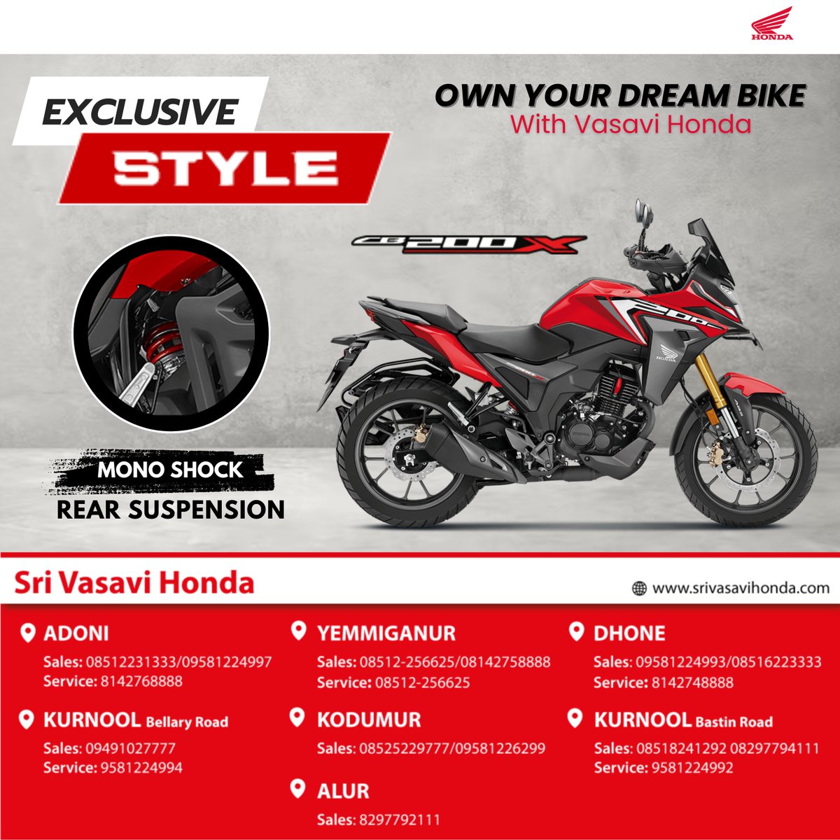 srivasavihonda1's tweet photo. Exclusive Style
Own Your Dream Bike With Vasavi Honda!
β¨ Features:
πΈ Mono Shock Rear Suspension
Ride with comfort, style, and performance. Visit Vasavi Honda today!
To know more, please visit: https://t.co/Jgm1dixCtW
π²09491027777
#SriVasaviHonda #ExclusiveStyle #VasaviHonda https://t.co/1AqZKzRWTc