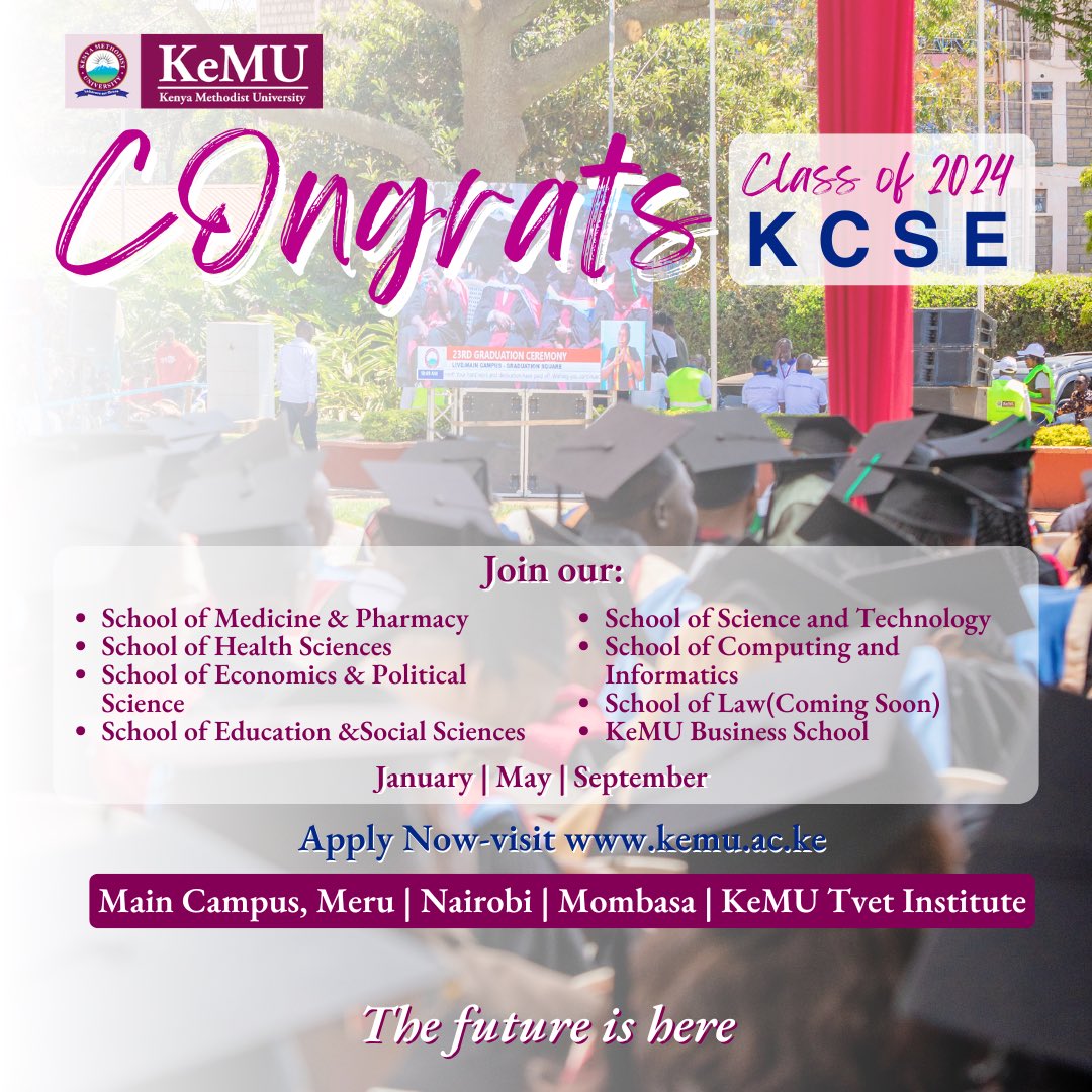 kemukenya's tweet image. KeMU warmly welcomes you to study with us! 
🔗kemu.ac.ke 
Here, we’ll help you turn your dreams into reality, equip you with the skills to lead and prepare you to make a global impact. 

#kuccpsplacement #kuccps ##howtoapply #bestuniveraities #medicalsschool