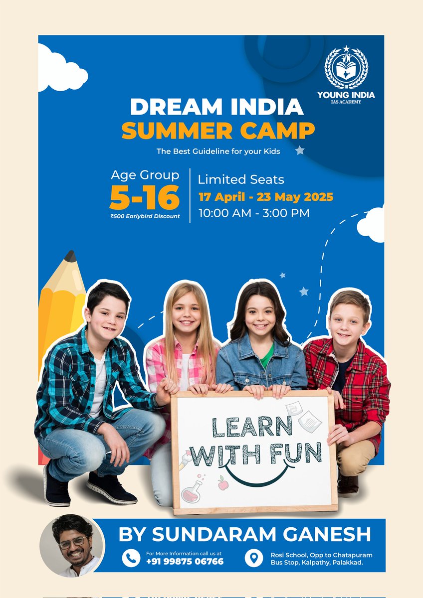 maddysuraj's tweet photo. 🌟 Dream India Summer Camp - Palakkad 🌟
This summer, gift your child the joy of learning, growing, and creating memories! 🎨🎯

📅 17 April - 23 May 2025
📍 Rosi School, Kalpathy, Palakkad

Limited seats! Pre-register now and share to inspire more kids. 

📞 +91 99875 06766 https://t.co/ZH34TniuOc