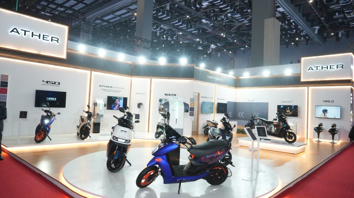 atherenergy's tweet photo. It’s day 2 at the Bharat Mobility Global Expo 2025!
Drop by to see us showcase all the tech and innovation behind #Ather450, #AtherRizta, #AtherGrid and more!
Sign up for the expo here: https://t.co/dSHAP60WSG
#Ather #EV #Expo https://t.co/UEK2x3P1fO