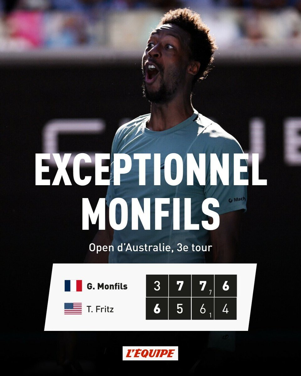 À 38 ans, Gaël Monfils a surclassé l'Américain Taylor Fritz, 4e mondial, ce samedi au 3e tour de l'Open d'Australie (3-6, 7-5, 7-6 [1], 6-4). Il signe ainsi sa première victoire contre un membre du top 5 depuis 2008.
➡️ l.lequipe.fr/Q7D

#AusOpen