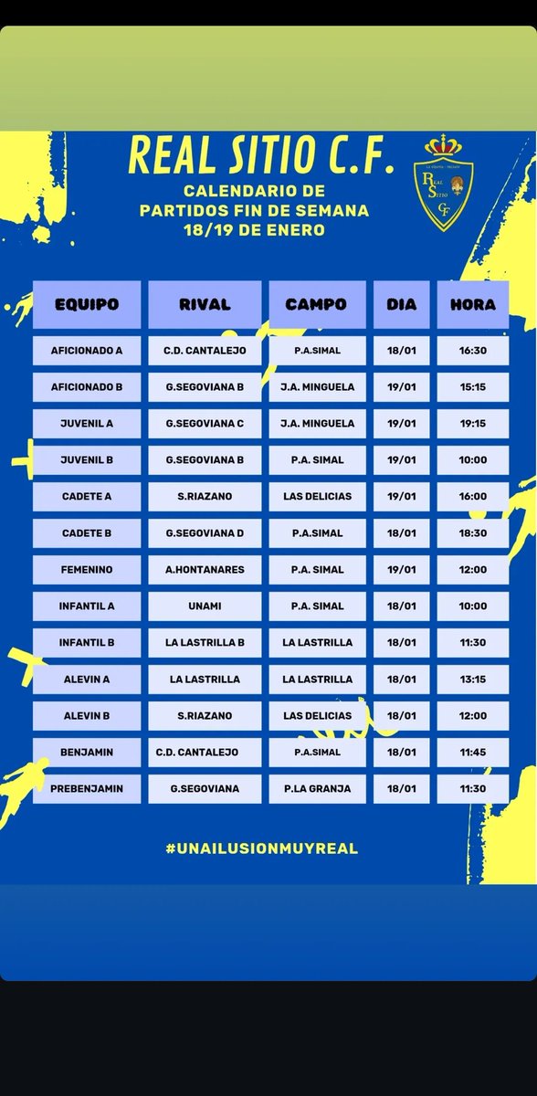 Adjuntamos los partidos y horarios para este fin de semana. 💙💛
#RealSitioCF
#unailusionmuyReal