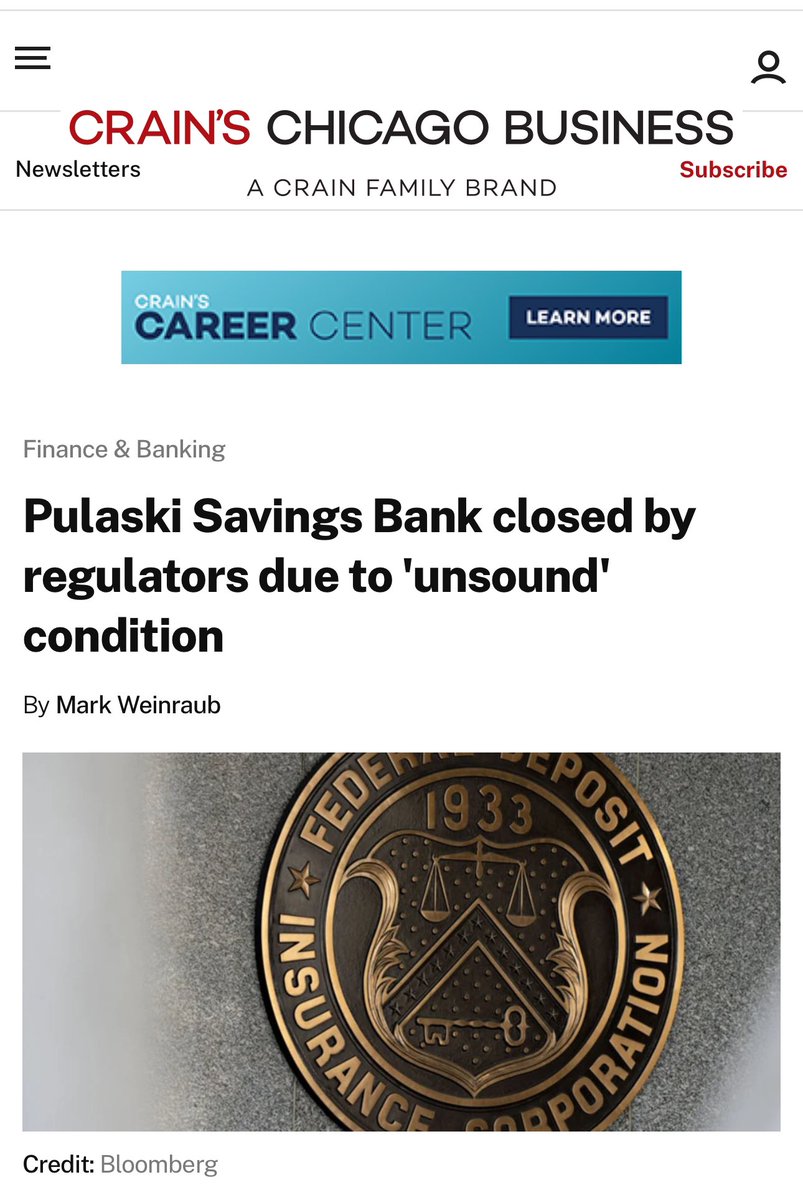 kshaughnessy2's tweet photo. Chicago Has The First Bank Failure In 2025

 "Illinois regulators closed Chicago-based Pulaski Savings Bank on Friday evening in the first bank failure of 2025. 

The closure comes on the heels of last year’s predictions that “hundreds” of small lenders would collapse through 2026 under the pressure of higher interest rates....

...Millennium Bank of Des Plaines, Illinois, assumed all of the bank’s nearly $43 million in deposits at a 4.6 percent premium. 

And it bought the bulk of its $49.5 million in assets, which include loans. .."

https://t.co/vuvOpffmb9