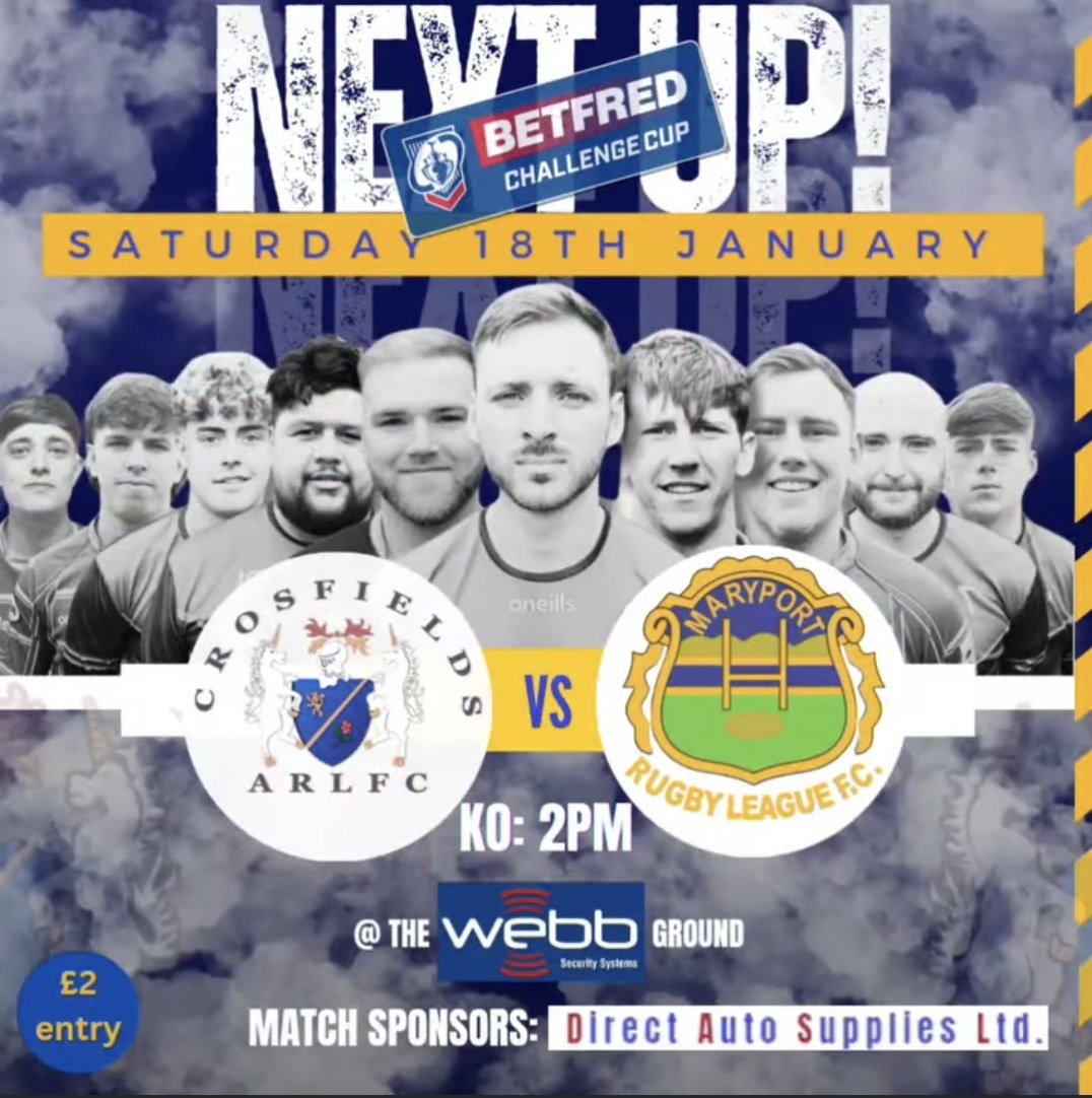 Six_Again (@six_again) on Twitter photo 📅 Saturday 18th January
🏆 <a href="/TheChallengeCup/">Betfred Challenge Cup</a>
⏰ 2pm
👕 <a href="/CrosfieldsRugby/">Crosfields Rugby</a> 🆚️ <a href="/MaryportARLFC/">Maryport ARLFC</a>
🏟 The Webb Security Systems Ground
📻 <a href="/13proamrl/">13 Pro-Am Community RL</a>
#ILoveRugbyLeagueMe
#Mols2
#thumbsupforfreddie
#RememberingRycroft 📅 Saturday 18th January
🏆 <a href="/TheChallengeCup/">Betfred Challenge Cup</a>
⏰ 2pm
👕 <a href="/CrosfieldsRugby/">Crosfields Rugby</a> 🆚️ <a href="/MaryportARLFC/">Maryport ARLFC</a>
🏟 The Webb Security Systems Ground
📻 <a href="/13proamrl/">13 Pro-Am Community RL</a>
#ILoveRugbyLeagueMe
#Mols2
#thumbsupforfreddie
#RememberingRycroft