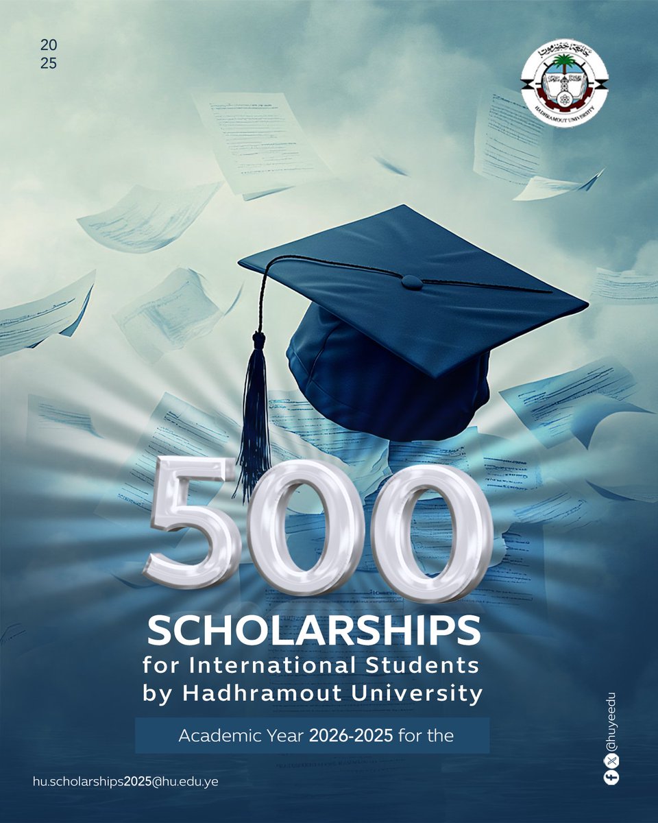 huyeedu's tweet photo. 🌟500 Scholarships for the 2025-2026 Academic Year🌟
✨Welcome to Hadhramout University!✨
Hadhramout University is excited to announce   the opening of applications for 500 scholarships for international students.
To register via the following website :
https://t.co/rCfHw8zkSQ https://t.co/qjp13raHn8