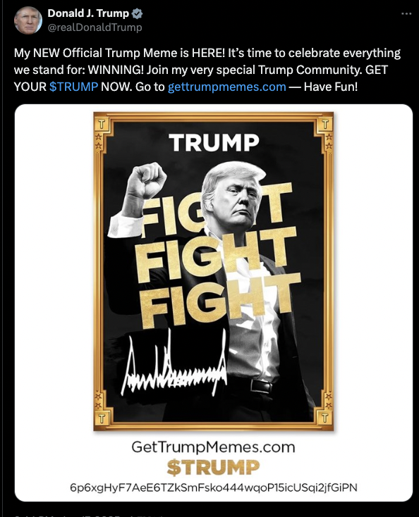 CryptoastMedia's tweet photo. 🚨 Cette nuit, Donald Trump a officiellement lancé un memecoin nommé $TRUMP sur Solana, quelques jours avant son investiture prévue le 20 janvier.

Seulement 5 heures après le lancement, la capitalisation boursière atteint presque 13 milliards de dollars 💰 https://t.co/Tw8LxiaRoD