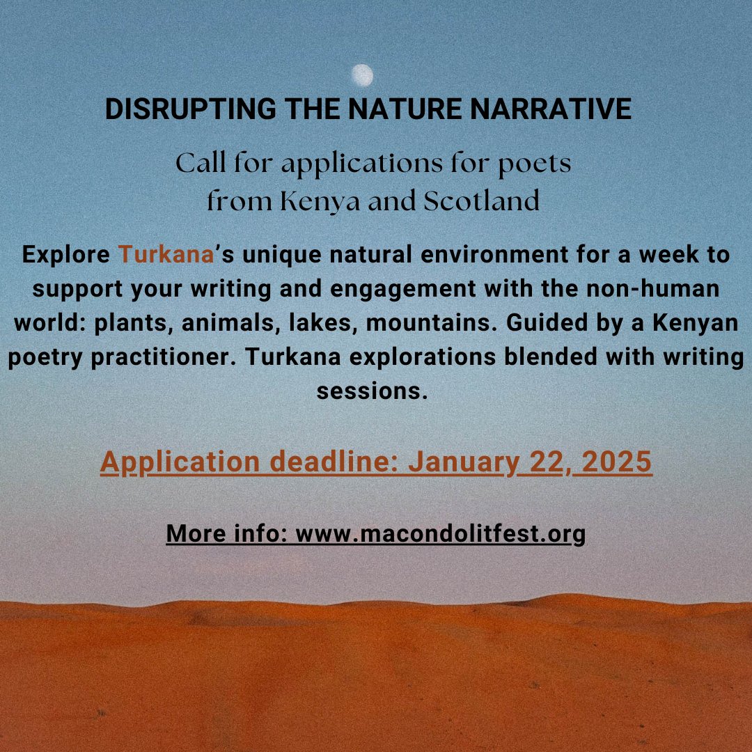 Poets on my TL, this call by <a href="/MacondoLitFest/">Macondo Literary Festival</a> is for you. The project invites poets who center the non-human world (plants, animals, lochs, mountains) within their artistic practice. 

Application Deadline: 22nd January. 
Application Info: macondolitfest.org

#SpreadTheWord