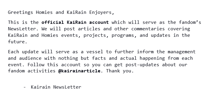 kairainarticle's tweet photo. Heads up Homies and KaiRain Enjoyers. 📢

#KaiRain
#KaiRainNewsLetter https://t.co/w6hVxbXMPE