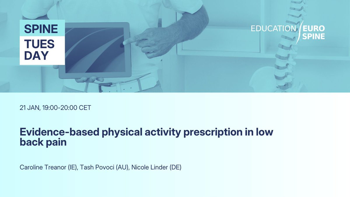 EUROSPINESoc's tweet image. Join the free Spine Tuesday Webinar on 21 Jan 2025 to explore evidence-based strategies for low back pain, including progressive walking, education, and spinal injection insights—register now: buff.ly/3WjL4jl #LowBackPain #SpineWebinar