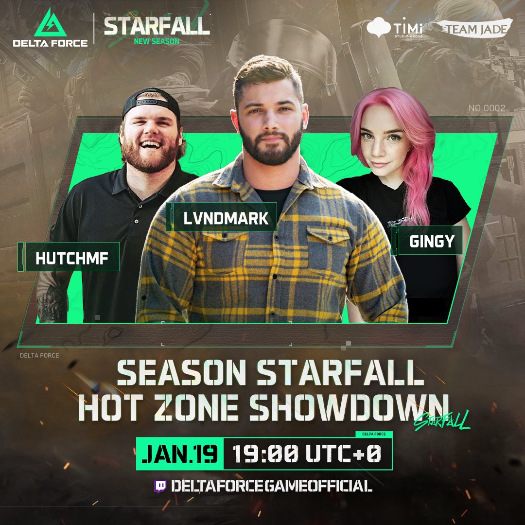 DeltaForce_Game's tweet photo. We’ve lined up 3 teams of super hot Creators to try our hot new 3v3v3 game mode: HOT ZONE🔥

🔥Team 1: @HutchMF, @LVNDMARK_tv and @RNGingy
🔥Team 2: @Sacriel, @shroud and @summit1g
🔥Team 3: @Symfuhny, @bbreadman and @HusKerrs

🚨Catch all the action at 19:00 UTC+0 on Jan 19 on our official Twitch Channel: https://t.co/5EoKdenUed

#DeltaForce #DeltaForceGame #DeltaForcePC #SeasonStarfall