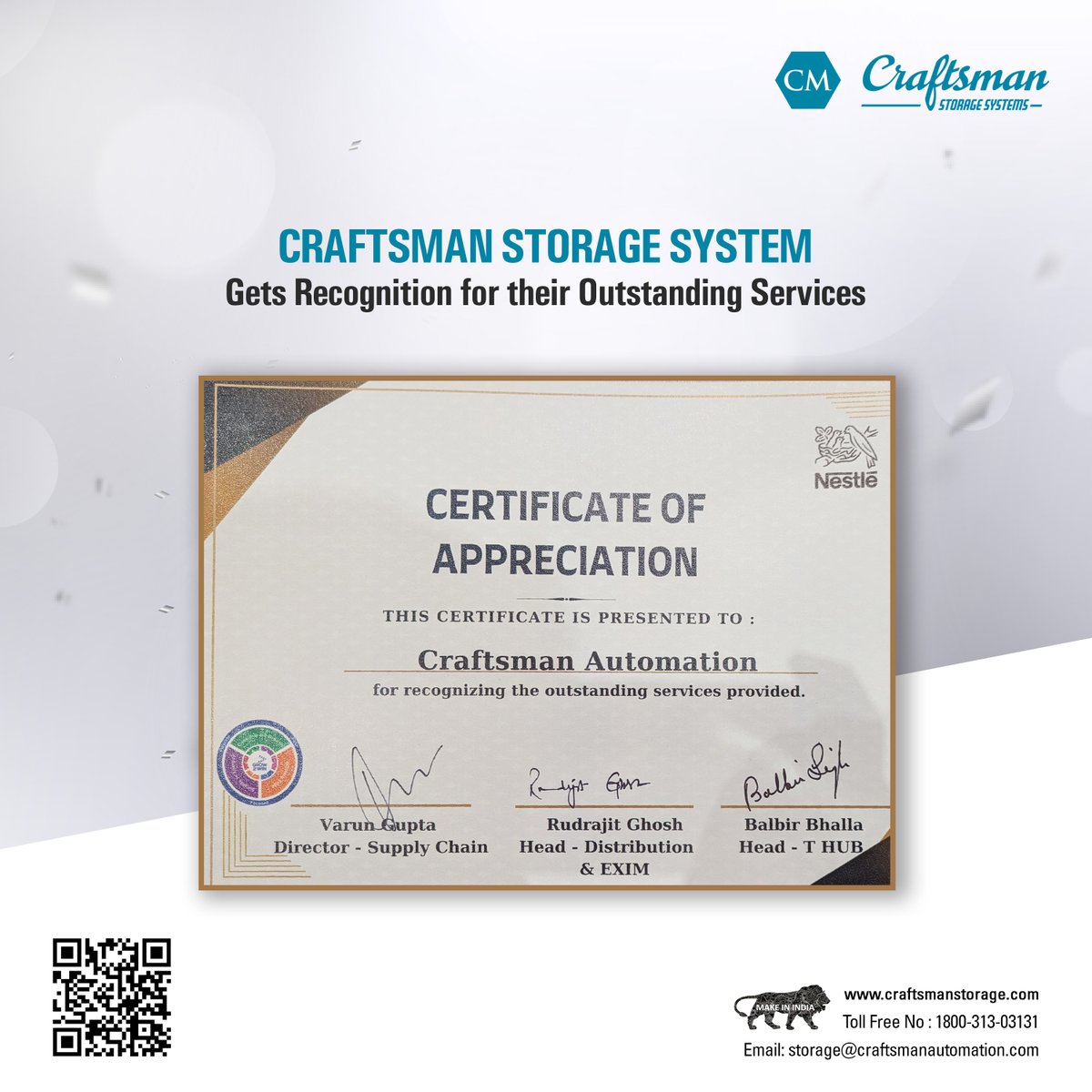 Craftsmanindia1's tweet image. We are proud to have received a certificate of appreciation for the outstanding services we have delivered.

A heartfelt thank you to Nestle for organising this event and inviting us.

Visit us @ linkedin.com/company/crafts…

#award #craftsmanstoragesystem #craftsmanautomation