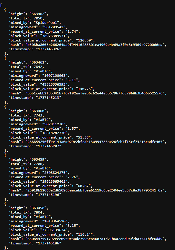 0xsol1d's tweet photo. Today´s route: blocks/{starting_at_height)

Gives back a list of blocks from a certain height, soartable desc and asc and adjustable count.

Focused on amount/price and miner data
@BellsChain $BELLS @bellooors https://t.co/Yy7NEpCbpw