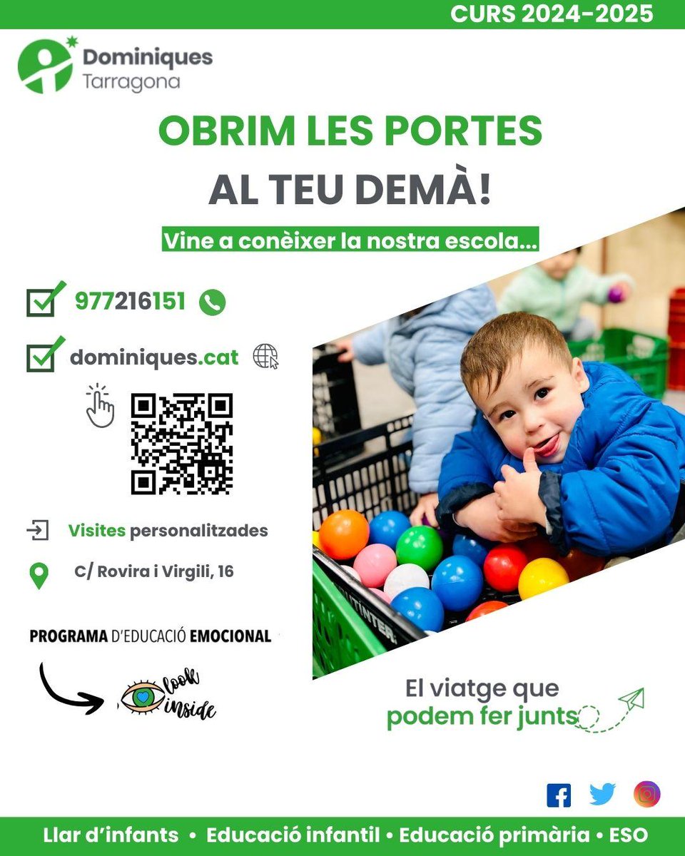 🚪 Obrim les portes al teu demà! 
Si vols descobrir com treballem, vine i coneix el nostre projecte educatiu en profunditat. 
💬 Demana una entrevista personal i emociona’t amb la manera com dia a dia formem el futur dels nostres alumnes.
🖱 Més informació dominiquestarragona.com
