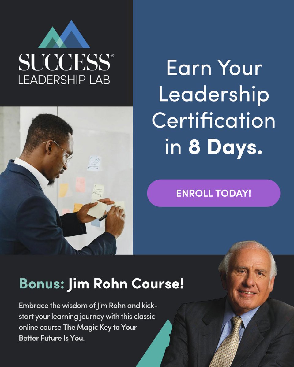 OfficialJimRohn's tweet image. Don't miss out! Enroll in SUCCESS® Leadership Lab starting THIS Tuesday, Jan. 21, and get instant access to The Jim Rohn Classic: The Magic Key to Your Better Future Is You. ➡️ vist.ly/3msract

#JimRohn #Leadership #LeadershipCourse #SUCCESSleadershiplab #Motivation…