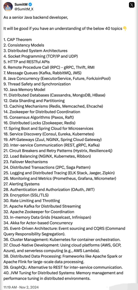 SumitM_X's tweet photo. 40 Topics that Senior Java Developers should learn 👇 https://t.co/hUtlRO9rWT