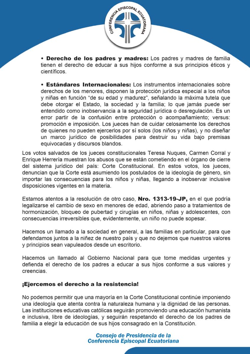 Ejercer el legítimo DERECHO A LA RESISTENCIA es lo correcto, no podemos permitir que jueguen con la integridad de nuestros HIJOS, nuestros NIÑOS son sagrados.
<a href="/Confepec/">Conferencia Episcopal Ecuatoriana</a> tengan la seguridad que los #Lojanos los apoyamos.
#Loja #Dignidad 

x.com/Confepec/statu…