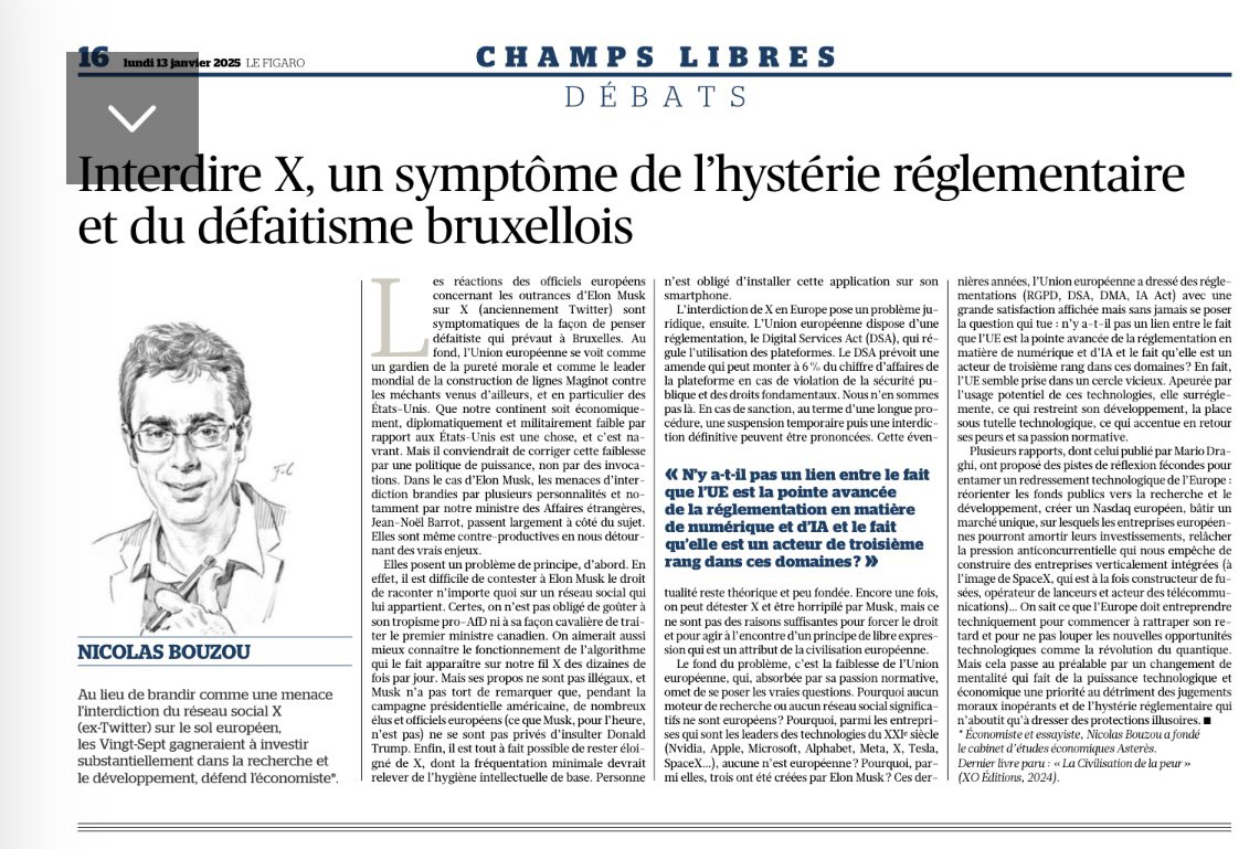 nbouzou's tweet photo. L’interdiction de  X serait le symbole du défaitisme européen. Ce n’est pas la censure qui redonnera sa puissance à l’Europe mais la maîtrise de la science, de la technologie et la libération des initiatives économiques.

Ma tribune pour Le Figaro ⬇️ https://t.co/mReiHb1bk4