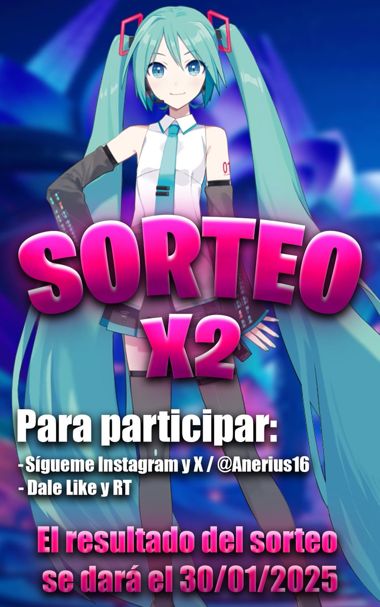 anerius16's tweet photo. 🎁 SORTEO 2 SKINS DE HATSUNE MIKU:

✅ Sígueme en Instagram y X / @anerius16 
❤️ Dale Me Gusta y RT.

⏰ Durará hasta el 30 de Enero, si no te gusta la skin puedes elegir otra cosa de la tienda, suerte a todos pequeños y gracias por vuestro apoyo 💕

#Fortnite https://t.co/EZFlLKQnWq