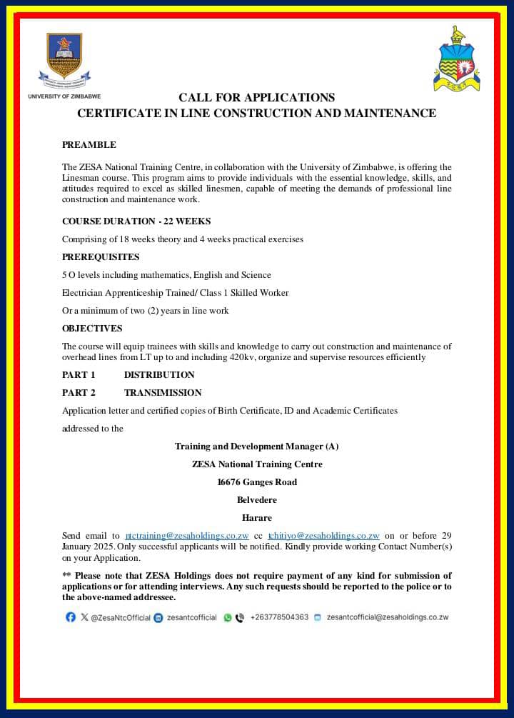 ZESA National Training Centre (@zesantcofficial) on Twitter photo Call for Applications: Certificate in Line Construction and Maintenance <a href="/ZESAHOLDINGS_/">ZESA Holdings</a> <a href="/officialzpc/">Zimbabwe Power Company</a> <a href="/ZetdcOfficial/">ZETDC</a> <a href="/ZesaEnterprises/">Zesa Enterprises</a> <a href="/PowerTelZW/">PowerTel Zimbabwe</a> Call for Applications: Certificate in Line Construction and Maintenance <a href="/ZESAHOLDINGS_/">ZESA Holdings</a> <a href="/officialzpc/">Zimbabwe Power Company</a> <a href="/ZetdcOfficial/">ZETDC</a> <a href="/ZesaEnterprises/">Zesa Enterprises</a> <a href="/PowerTelZW/">PowerTel Zimbabwe</a>