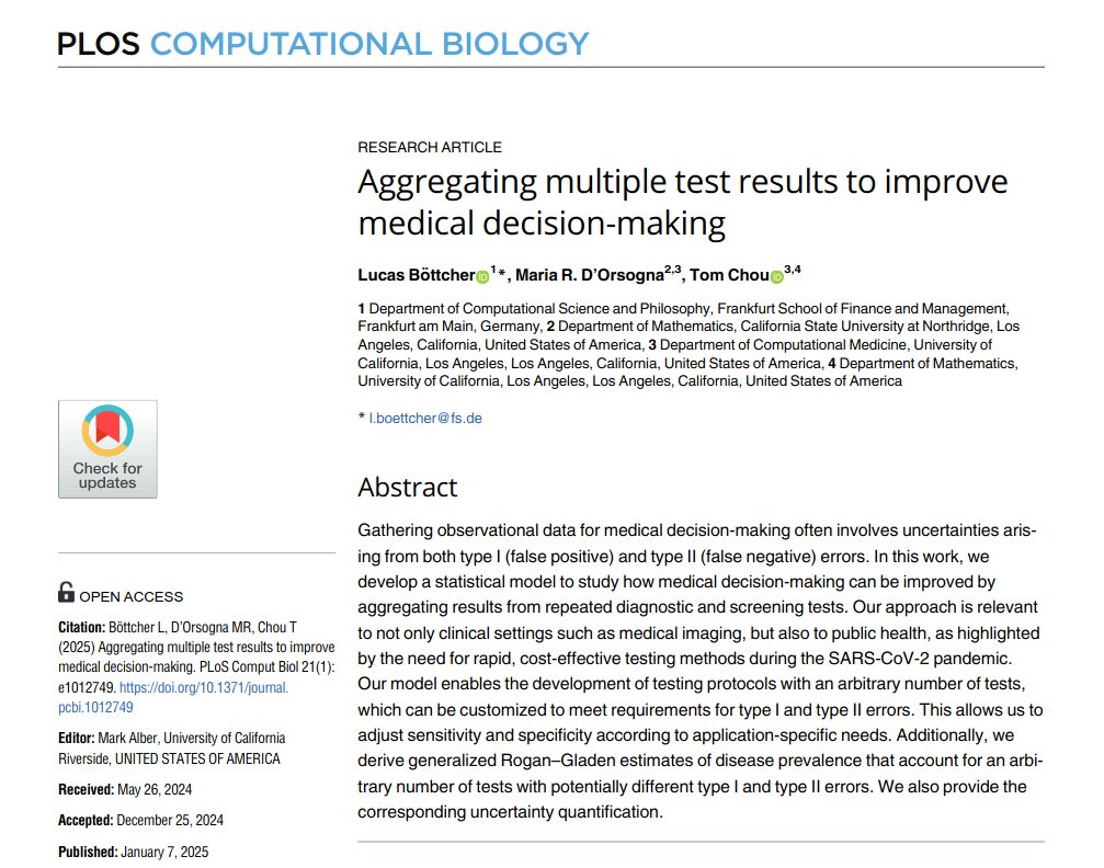 Lucas Böttcher 🇺🇦 (@lucasbottcher_) on Twitter photo Our new paper on aggregating results from multiple to improve medical decision-making is available here: doi.org/10.1371/journa…
<a href="/uclabiomath/">UCLA Biomathematics</a> <a href="/CompMedUCLA/">UCLA_Computational Medicine</a> <a href="/LabSysMedUF/">Laboratory for Systems Medicine UF</a> Our new paper on aggregating results from multiple to improve medical decision-making is available here: doi.org/10.1371/journa…
<a href="/uclabiomath/">UCLA Biomathematics</a> <a href="/CompMedUCLA/">UCLA_Computational Medicine</a> <a href="/LabSysMedUF/">Laboratory for Systems Medicine UF</a>