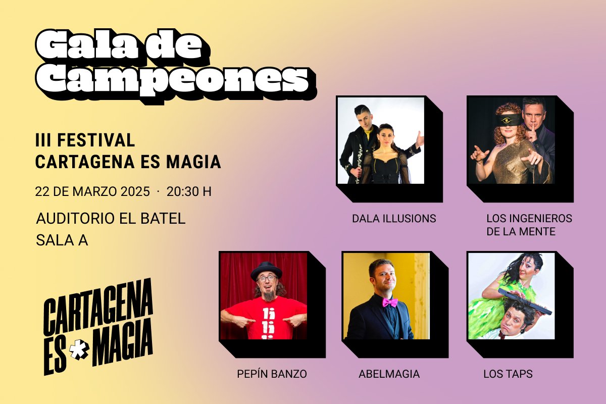 Ya puedes conseguir las entradas para "Gala de Campeones" en Auditorio El Batel. 3° Festival Internacional Cartagena Es Magia.
Consigue tu entrada en:
festivalcartagenaesmagia.com