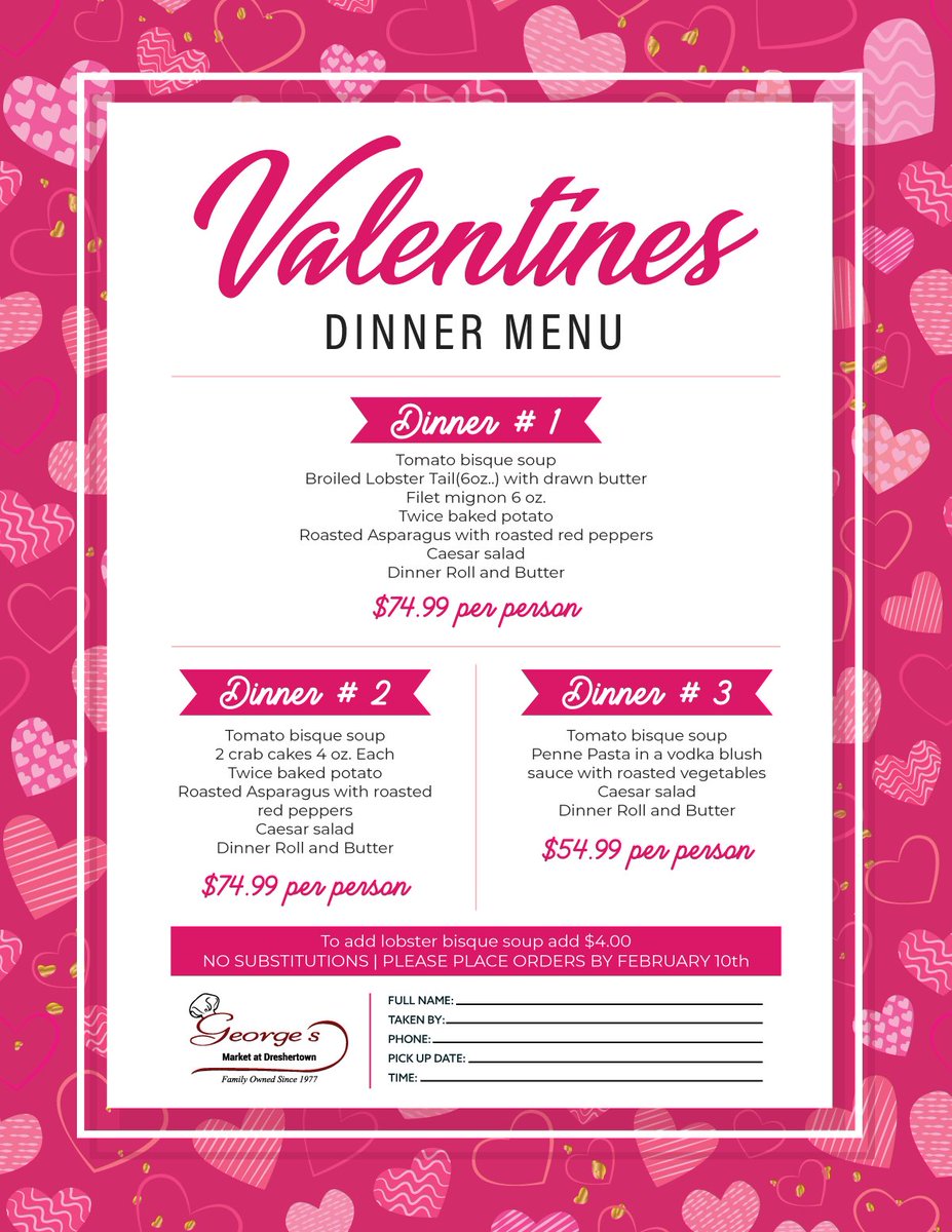 GeorgesMarketDT's tweet photo. ❤️ Valentine's Day at George's Market 

Treat your sweetheart to a romantic and delicious feast this Valentine's Day. Pre-order today! Call us at 215-628-8055 or email us at catering@georgesmarket.com to place your order.

https://t.co/RRrowlpFxk

#ValentinesDay #GeorgesMarket https://t.co/8F5z5LjglW