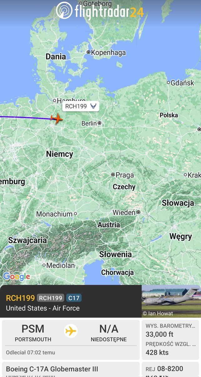 PolishMilRadar's tweet photo. Boeing C-17A Globemaster III #RCH199  08-8200 en route to Powidz #EPPW from Portsmouth #KPSM https://t.co/mBmfYx0iXd