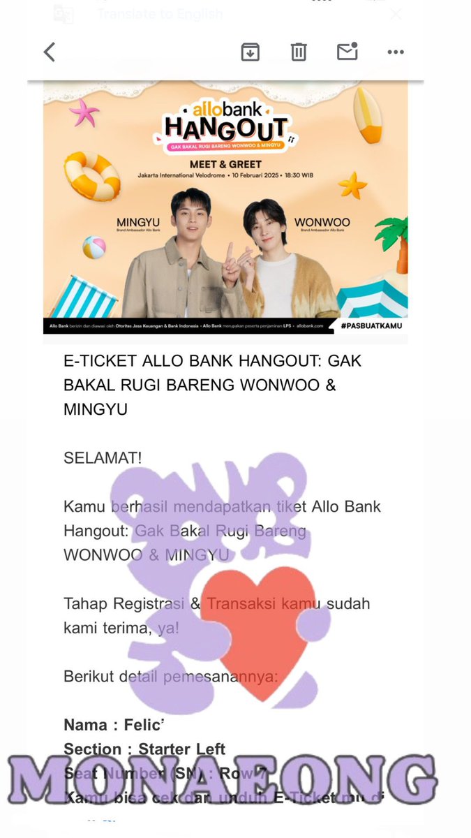 GIVEAWAY MnG Allobank Hangout: Mingyu &amp; Wonwoo Seventeen

Rules 🎀
• Follow X <a href="/monaeong/">monaeong // jastip war tukar tiket</a> dan instagram <a href="/monaeong/">monaeong // jastip war tukar tiket</a>.tix
• Like and Retweet post ini
• Reply proof udah ikutin semua rules nya  dan tag 1 teman kalian
• GA BOLE DI JUAL LAGI!!!
• End 1 Feb 2025