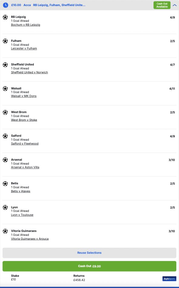 FootyAccums's tweet image. 🙌 OUR 45/1 ONE-GOAL EARLY PAYOUT ACCA FOR TODAY HAS BEEN PLACED!

❤️ IF this wins, we will give away £50 to someone who LIKES THIS post &amp;amp; £50 to someone who REPOSTS it!

👇 BEST PRICED at Boylesports HERE:
footyaccums.bet/BoylesB10G30

🤝 Bet £10 &amp;amp; get £30 in FREE BETS, PLUS a £10…