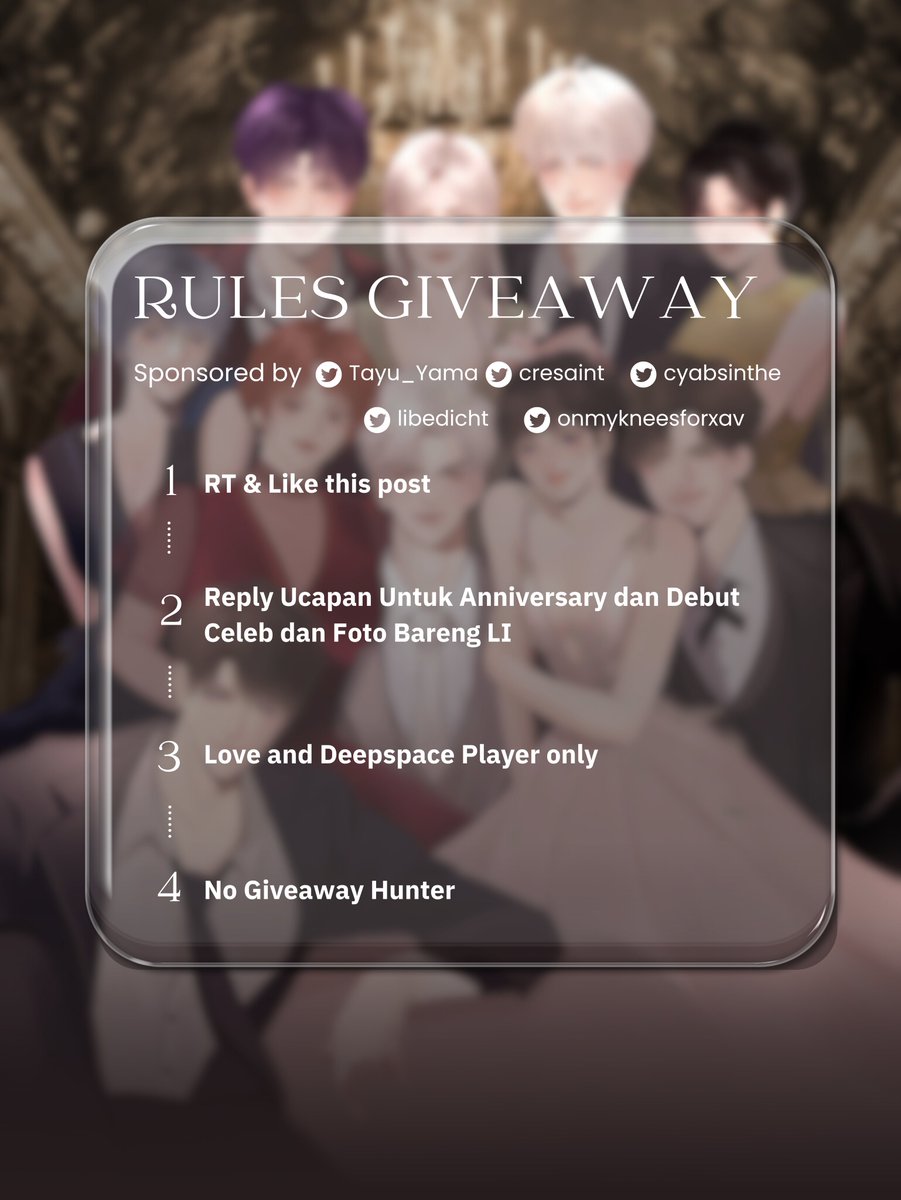 aartaglia's tweet photo. Giveaway Love and Deepspace Alert !🌟

★ Secret Promise for 5 Winners
★ Aurum Pass for 5 Winners

Sponsored by @Tayu_Yama, @cresaint, @cyabsinthe, @libedicht, @onmykneesforxav dalam rangka 1st Anniversary &amp; debut Caleb 🥳🤩

rules on pict🖇️

Ends Jan 23th, 19.00 WIB! Good luck! https://t.co/ZRPytEOeZY