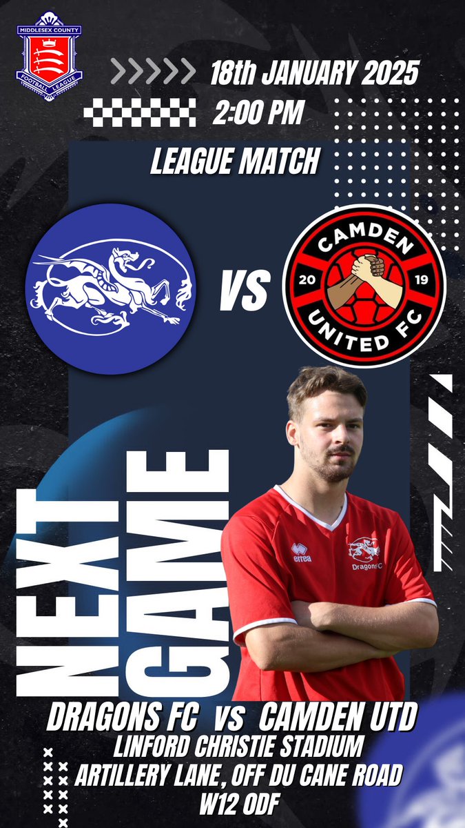 Kensington Dragons FC (@kendragonsfc) on Twitter photo KDFC are playing at home 🎉
Come down and show your support for our 1st home game of 2025 📢
1st Team Match Details:
🗓️18/01/2025
🏆Middlesex Premier Div
⏱️2:00PM Kick Off
🆚<a href="/camdenunitedfc/">Camden United FC</a>
🏟️Linford Christie Stadium
🎟️ £0
Artillery Lane,
off Du Cane road
London
W12 0DF KDFC are playing at home 🎉
Come down and show your support for our 1st home game of 2025 📢
1st Team Match Details:
🗓️18/01/2025
🏆Middlesex Premier Div
⏱️2:00PM Kick Off
🆚<a href="/camdenunitedfc/">Camden United FC</a>
🏟️Linford Christie Stadium
🎟️ £0
Artillery Lane,
off Du Cane road
London
W12 0DF