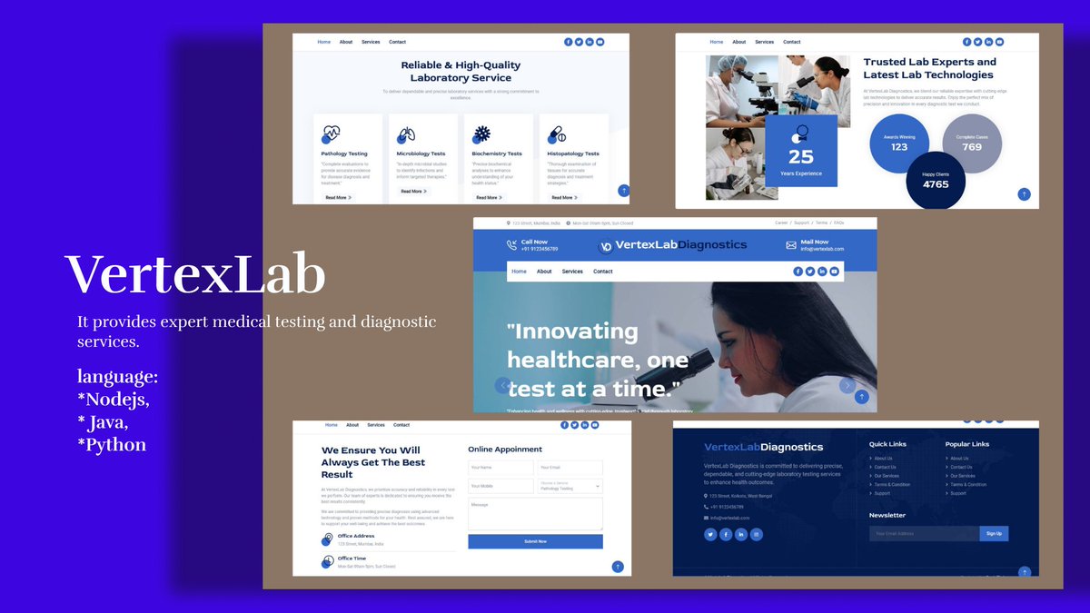 Geek_Thrive's tweet photo. Excited to showcase our latest design for VertexLab Diagnostics! 🚀 Developed with precision using Node.js, Java, and Python, this project highlights our expertise in crafting innovative web and app solutions for healthcare. Transforming ideas into impactful digital experiences! https://t.co/ko8YbIsbyG