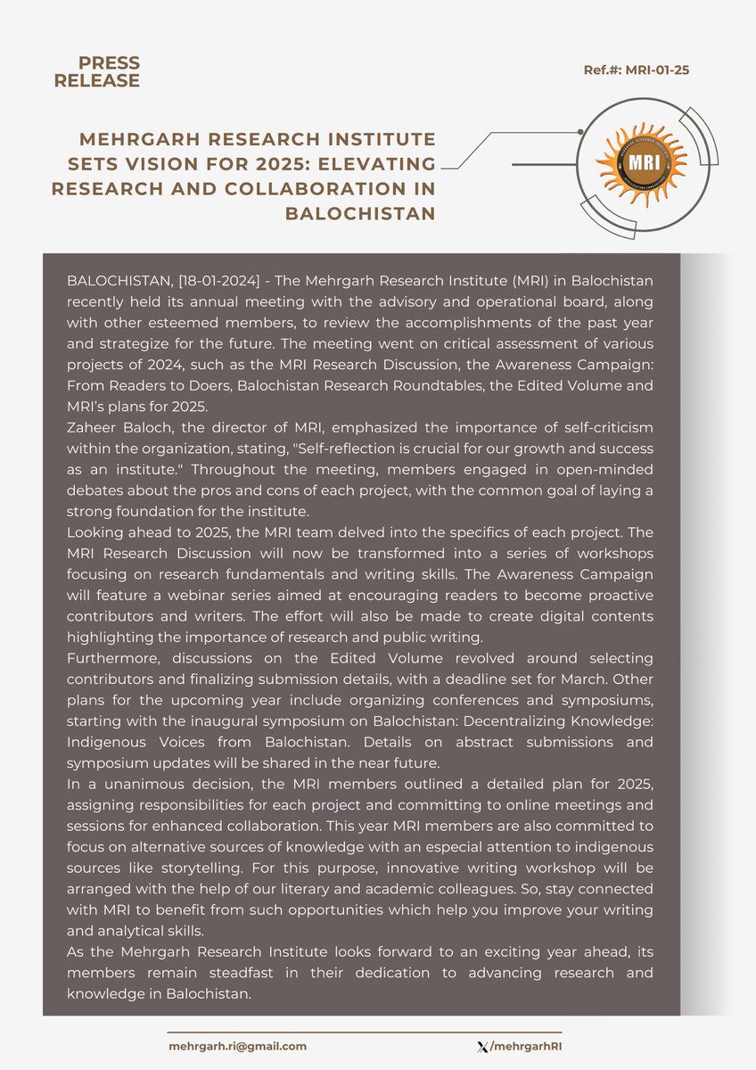 MehrgarhRI's tweet photo. Press Release
Mehrgarh Research Institute sets vision for 2025: Elevating Research & Collaboration in Balochistan.
#MRI_AcceleratingInnovations
#2025 https://t.co/THTB6rAV6B