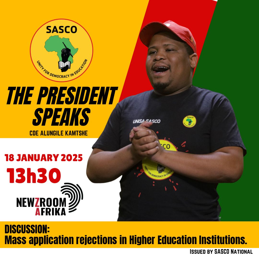 SascoNational's tweet photo. Don't miss out! Tune in to NEWZROOM AFRIKA today at 13:30 as SASCO President, Cde Alungile Kamtshe, engages on the critical issue of mass application rejections in Higher Education. Be part of the conversation shaping the future of our education system!
π€ππβ€οΈ
#rtlc2025 https://t.co/umuXnOAOCx